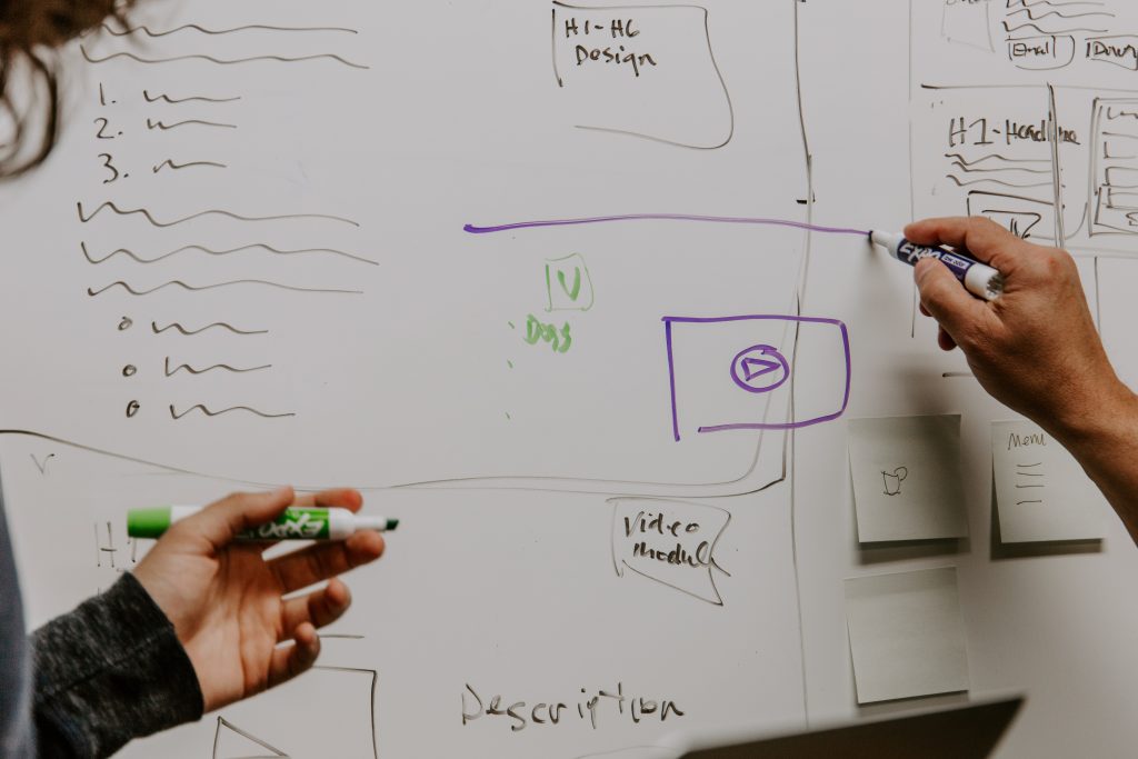 Two people writing on a whiteboard with markets