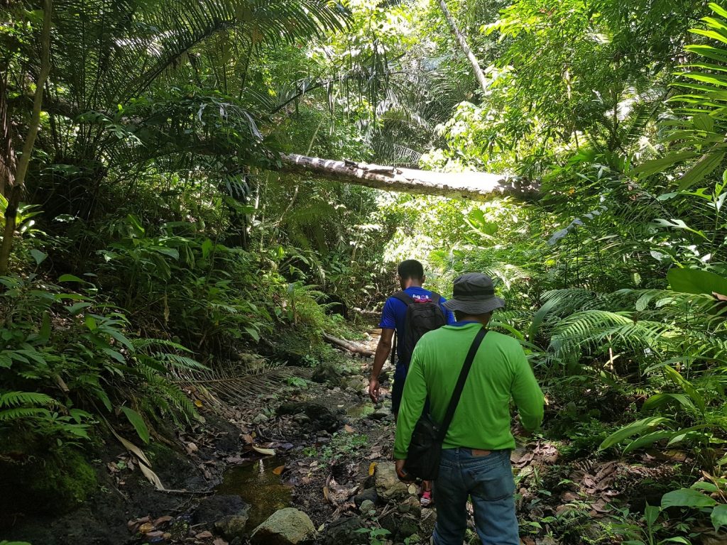 Skilled volunteer Stephen with AIDFI team member trekking to water source in Upper Atok Philippines